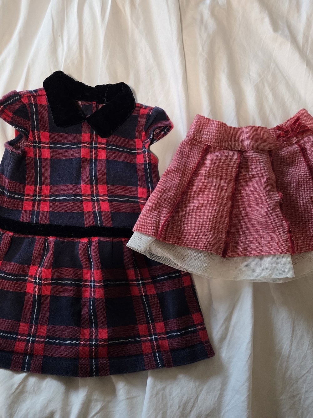 Janie & Jack red & navy plaid dress w/velvet peter pan collar, old navy skirt